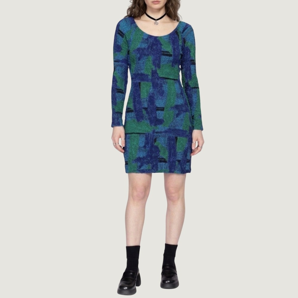 Oxygen‎ Popcorn Dress M Blue Green Abstract Textured 90s Vintage Bodycon Mini